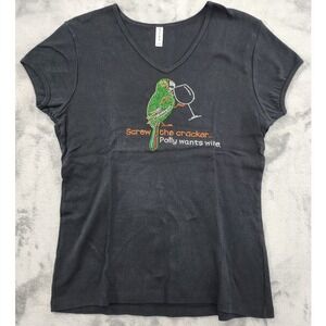 Chris's Stuff Top Womens XL Black V-Neck Rhinestone POLLY WANTS WINE Tee Stretch